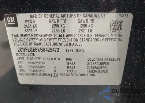 2011 Chevrolet Equinox Ltz from USA, damaged, VIN 2CNFLGE5XB6425472